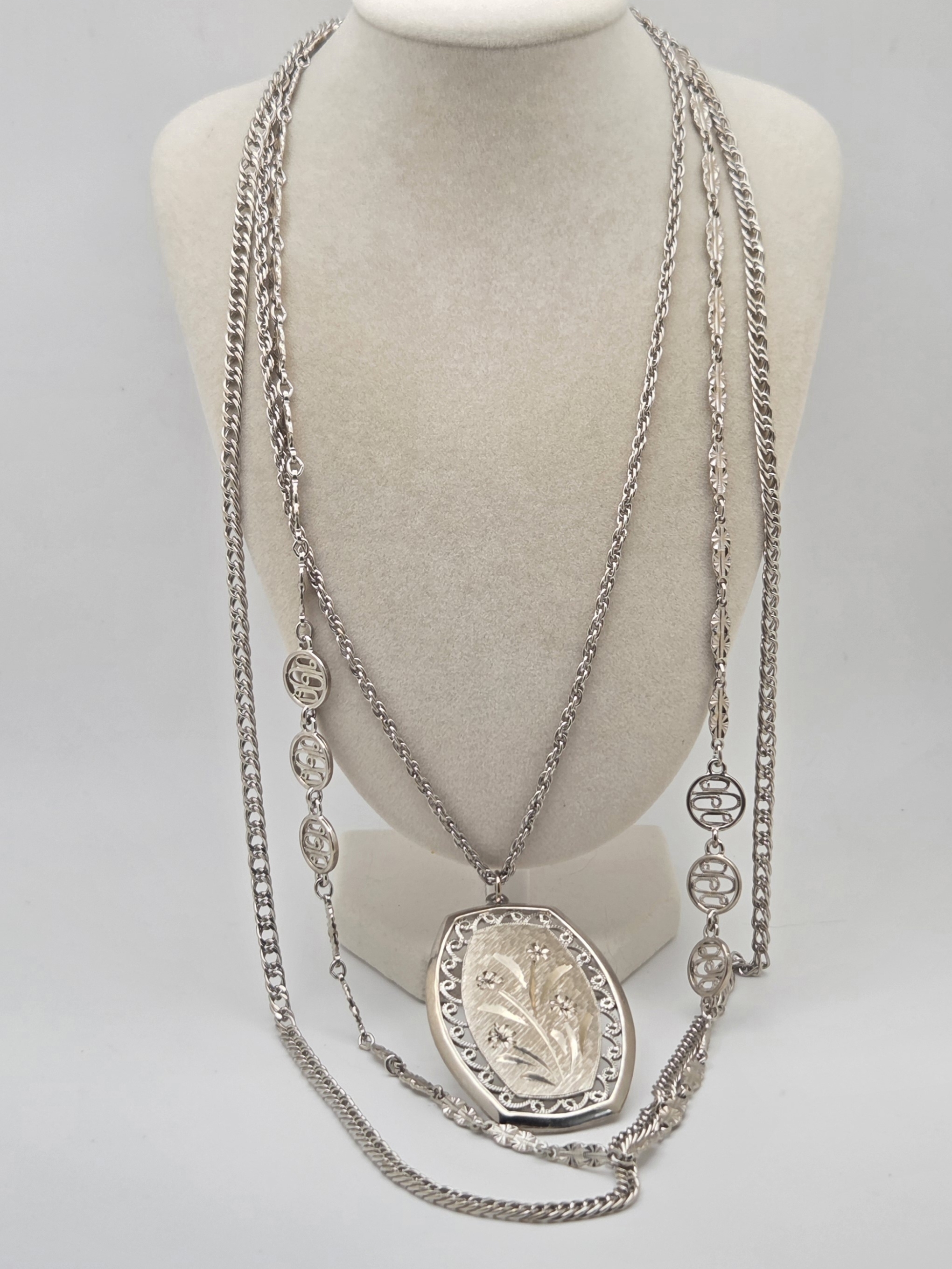Vintage Silver Tone Multi-Strand Necklace | Ornate Etched Floral Pendant